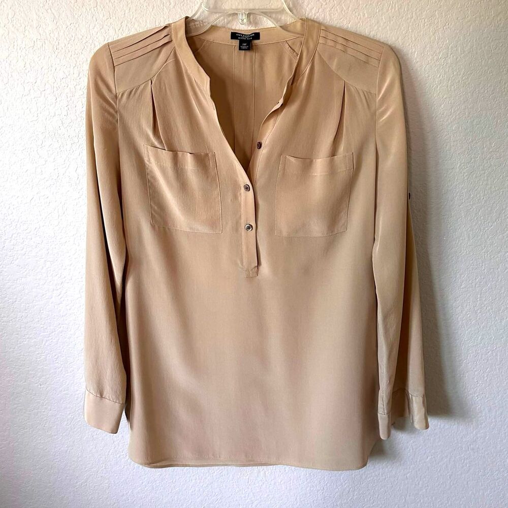 Ann Taylor 100% Silk Blouse 2P Beige Roll Tab Utility Quiet Luxury Career Top